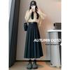 2024 New High Waist Black Woolen Pleated Midi Skirt for Autumn/Winter
