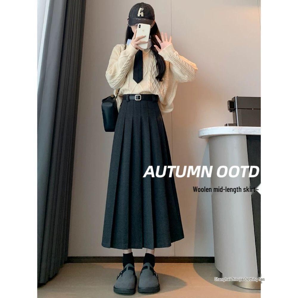 2024 New High Waist Black Woolen Pleated Midi Skirt for Autumn/Winter