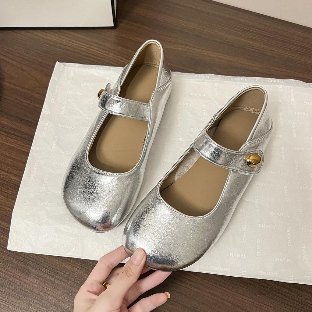 French Silver Mary Jane Shoes Women's 2025 Autumn New Models with Skirts, Evening Small Leather Shoes, Soft-soled Flat-soled Single Shoes