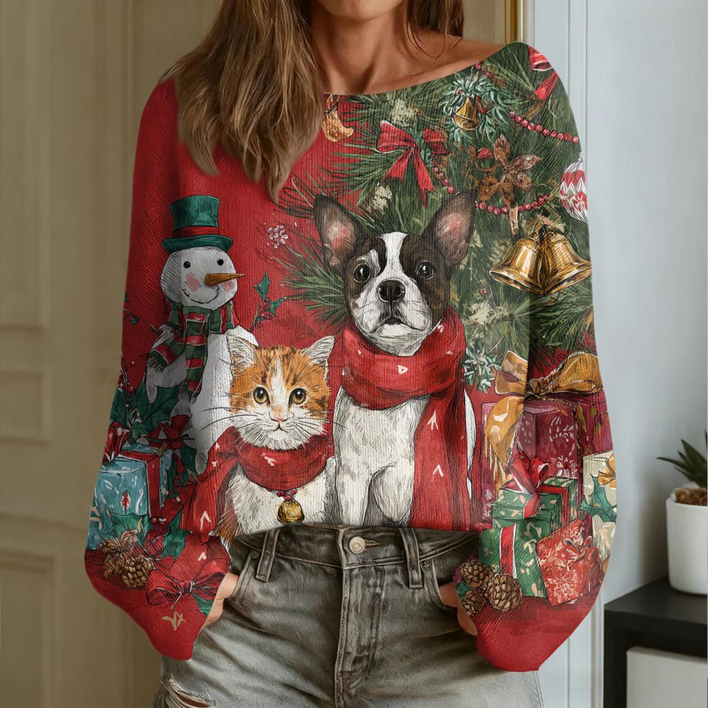 Women's Fashion Round Neck Long Sleeve Christmas Print Casual Pullover Sweater Top