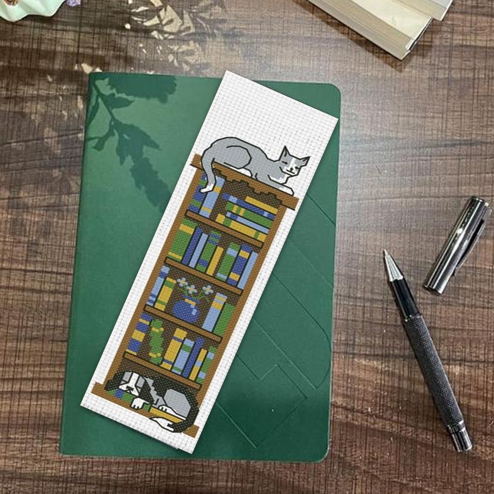 11CT Stamped Double-Sided Bookshelf Crossstitch Bookmark Art Projects 18x6cm Needlework Embroidery Craft Kit for Book Lovers