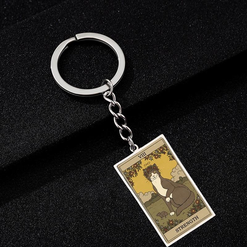 Cute Cat Tarot Card Keychain Vintage Rectangle Epoxy Stainless Steel Pendant Key Chain Animal Divination Jewelry