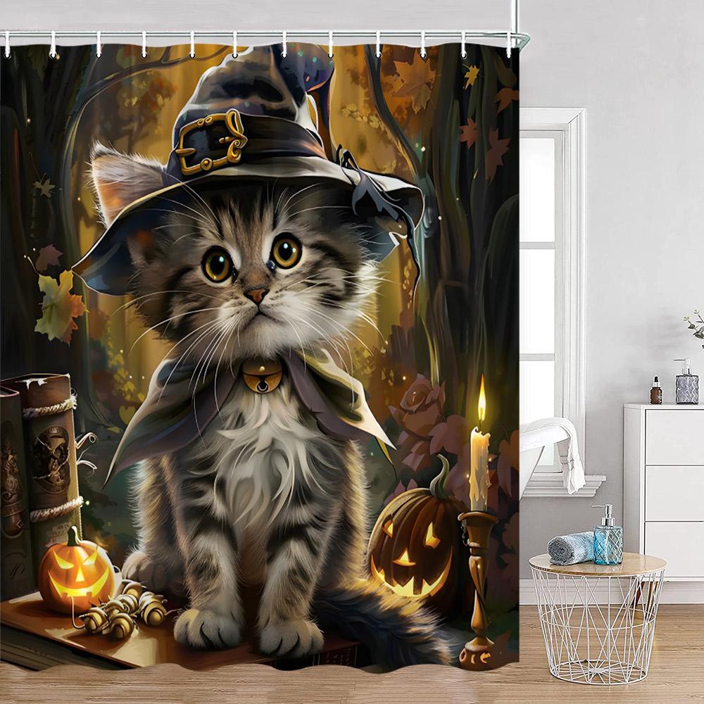 Grappige Katten Douchegordijn Katten Rijden op Haaien Cool Schattige Katten Honden Bloemen Zomer Badkamer Decoraties Polyester Badgordijn