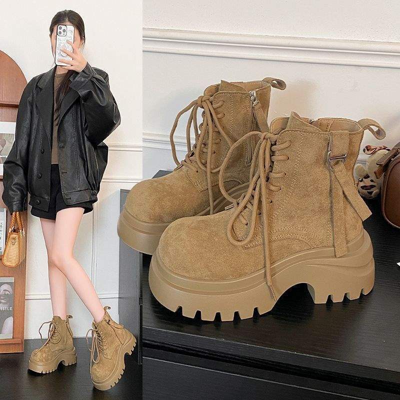 British Style 2025 Autumn New Matte Leather Lace-up Martin Boots Women's Platform Short Boots Big Head Locomotive Single Boots
