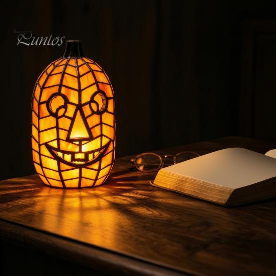 Unique Handmade Art Gift Stained Glass Pumpkin Lamp, Halloween Fall Table Lamp with Warm Glow, Crafted Resin Lantern USB Powered Orange Accent