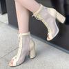 Peep Toe Ankle Boots Women Block High Heels Mesh Black 2025 New Summer Shoes Lace-up Jazz Party Dance Boots Breathable Summer