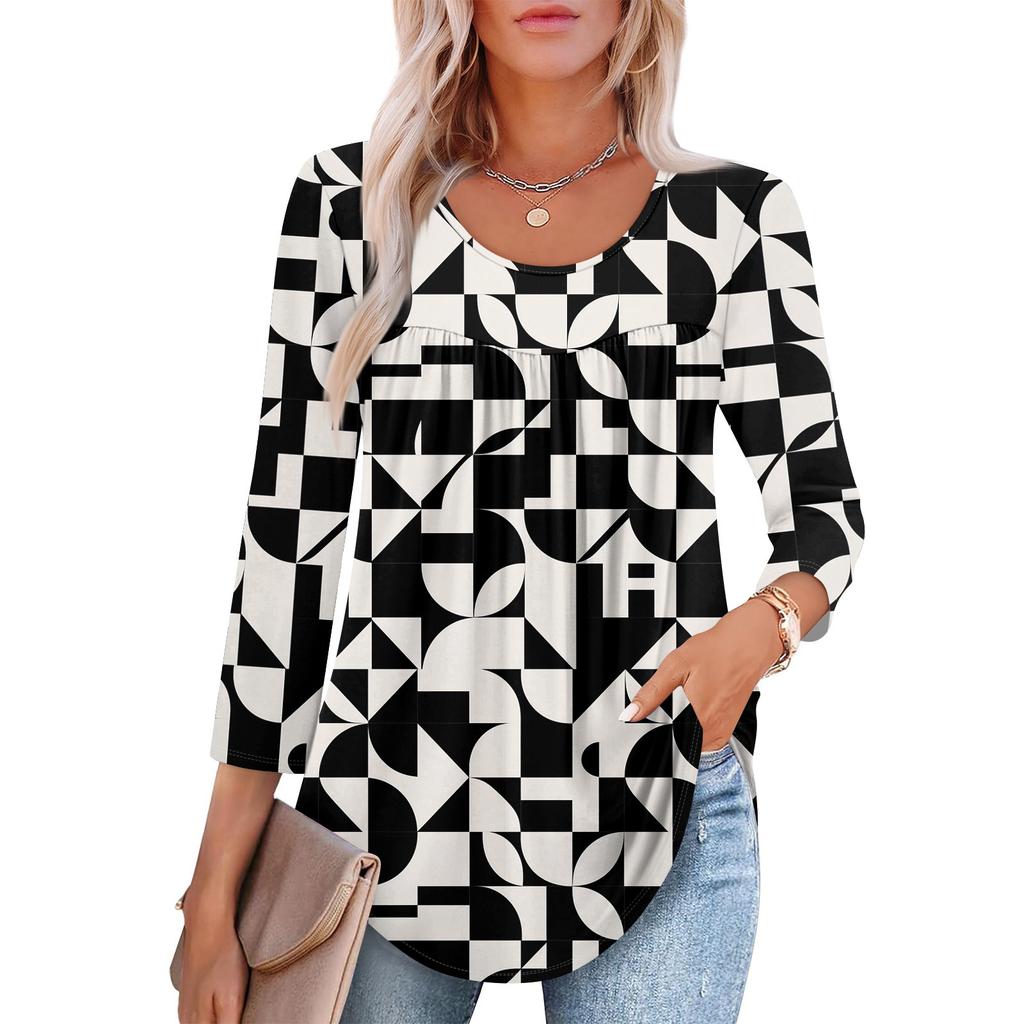 Women's Fashion Seven Sleeve Top Round Neck Pleated Casual Printed Top
