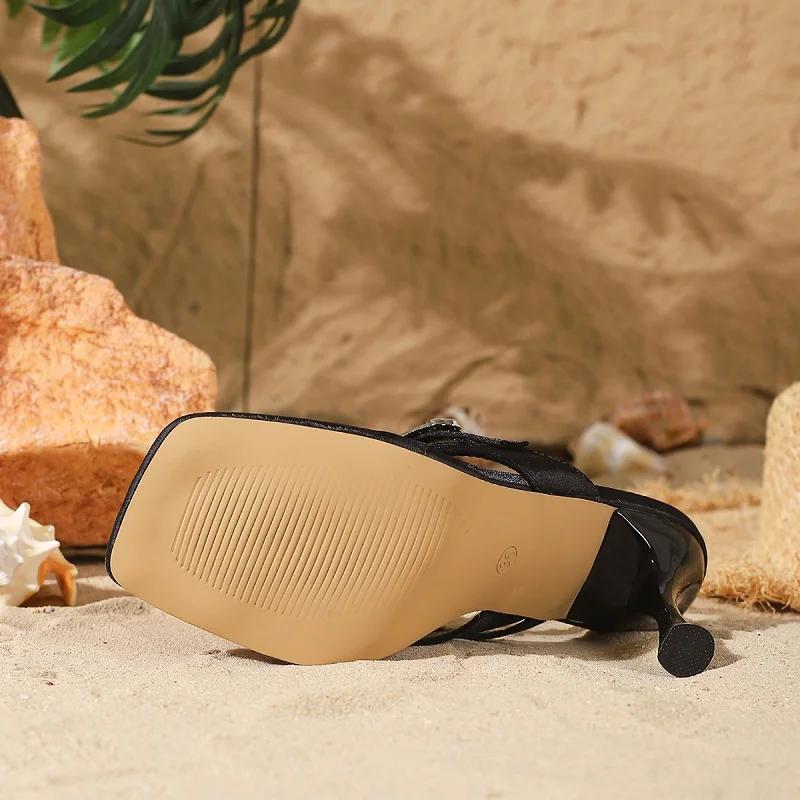 Eilyken Street Style Fashion Satin Clip Square Toe Flower Buckle Strap Woman Slippers Summer Thin High Heels Ladies Slides Shoes