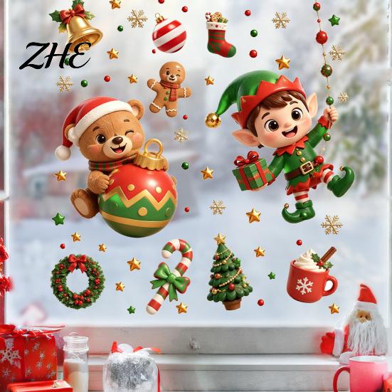 No Glue Window Decorations 2PCS Christmas Static Sticker, Cute Cartoon Elves And Bears Home Commercial Decor Print, PVC Glass Stickers for Holiday