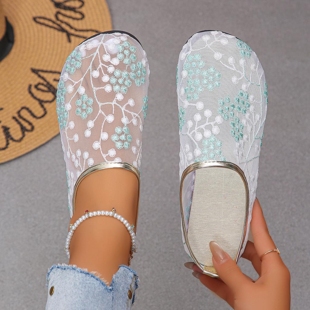 Mode Neue Mode Damen Sandalen Bunte Blumenmuster Sandalen Mesh Runde Zehen Sommer Lässige Hausschuhe Flats Damen Urlaub Strandschuhe