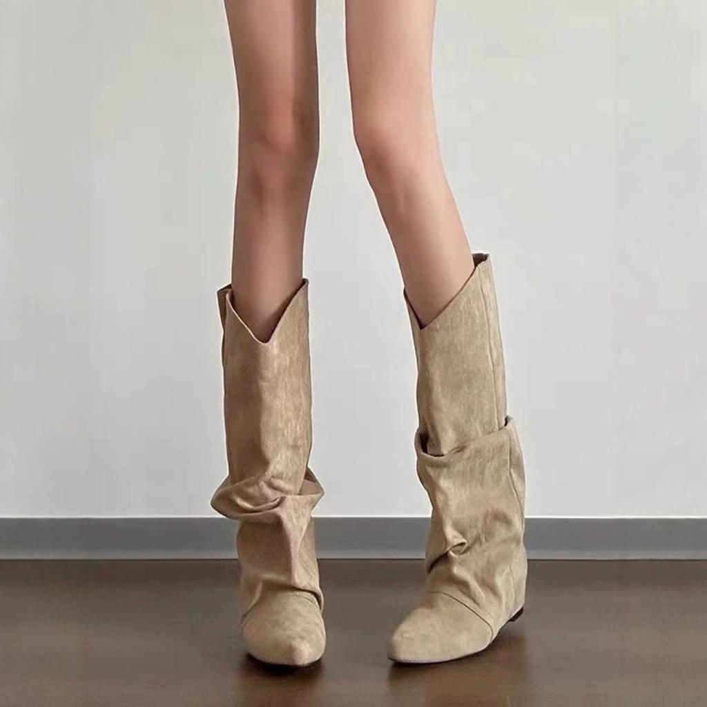 Super Soft Sheepskin~ Brown Western Cowboy Boots Versatile Wasteland Wind Piling Boots Women's Inner Height Increase and Thinness Retro Boots