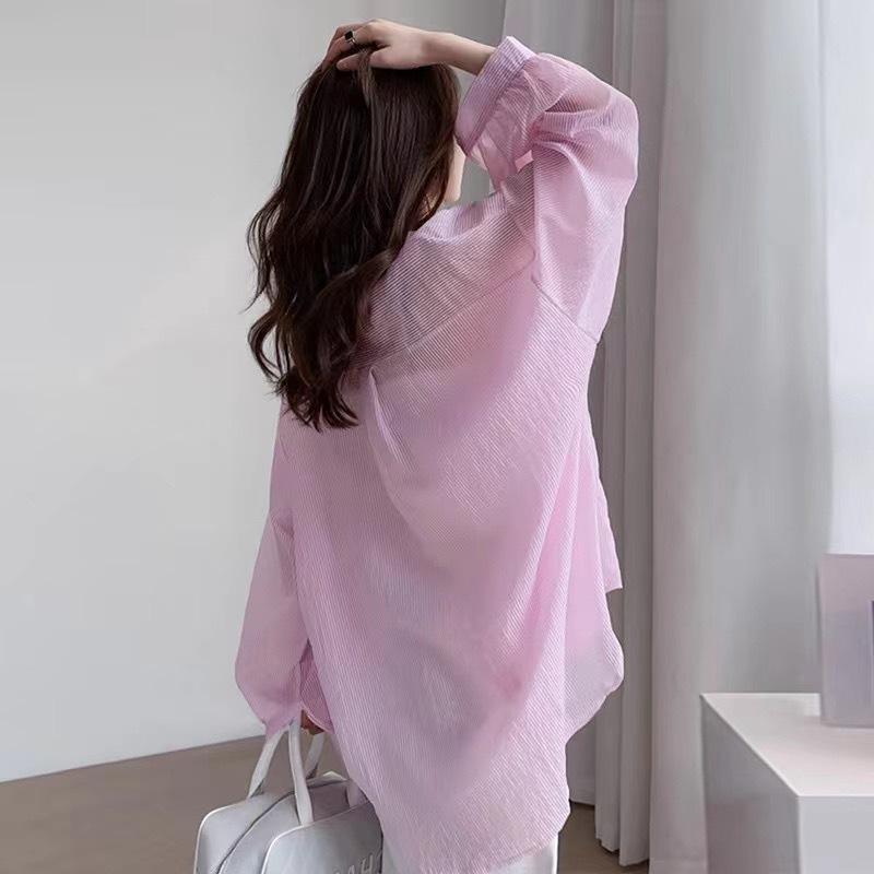 Îmbrăcăminte de protecție solară de vară pentru femei, cămașă transparentă cu dungi, supradimensionată, largă, cu mâneci lungi, coreeană, bluză rezistentă la soare, buzunar, topuri dulci