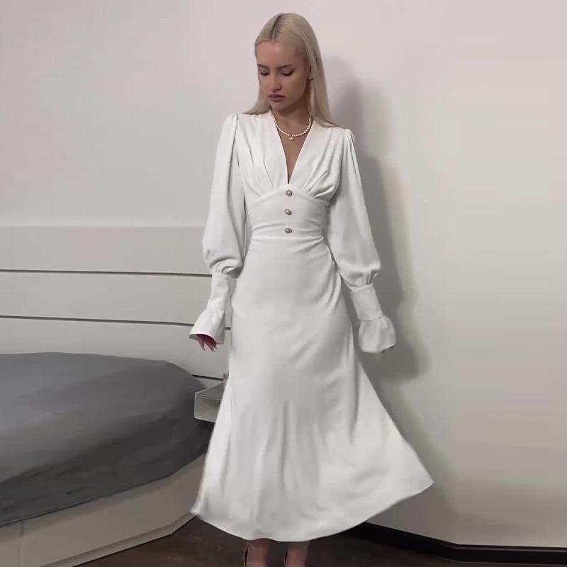 

2024 Осень Женское однотонное платье с V-образным вырезом, высокой талией, приталенное, с длинным рукавом XL белый