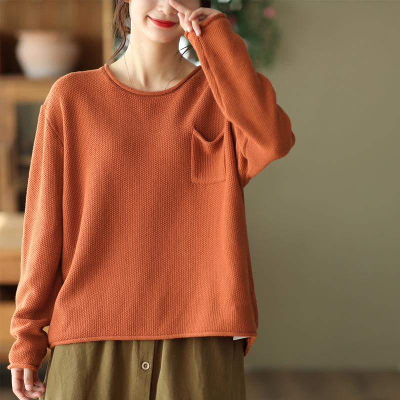 

Женские осенние пуловеры, свитера в стиле пэчворк с карманами и круглым вырезом, с длинным рукавом, свободные однотонные женские свитера One Size оранжевый