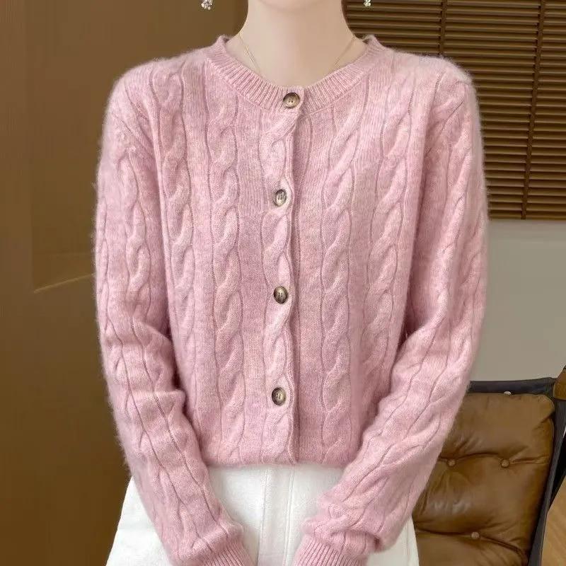 

Базовая футболка Новый свитер для женщин Свободный круглый вырез Модный универсальный кардиган из крученой нити S розовый