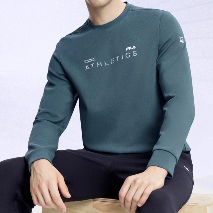 FILA Official Mens Pullover Sweatshirt 2023 Autumn Simple Sports Fitness Crew Neck Long Sleeve Knit Top Men tops Tea-Blue A11M331204F-DB
