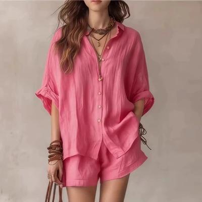 Sommer-Damen-Set Einfarbige einreihige kurzärmelige Bluse Shorts Zweiteiliges Set