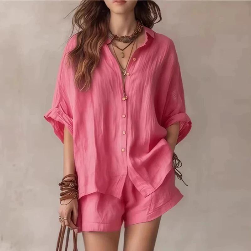 Set Estivo da Donna Tinta Unita Monopetto Manica Corta Camicia Pantaloncini Set Due Pezzi
