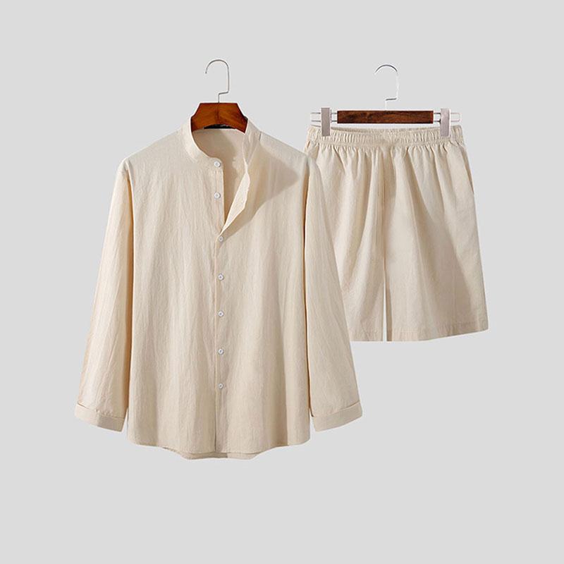 Men's Hawaiian Suit Summer Solid Color Stand Collar Long Sleeve Shirt Beach Shorts Streetwear High Quality 2-Piece Set