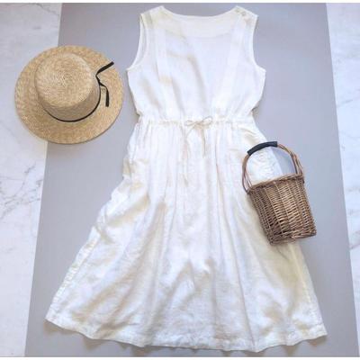 Used PAR ICI 100% Linen Tucked Sleeveless Dress Gathered White