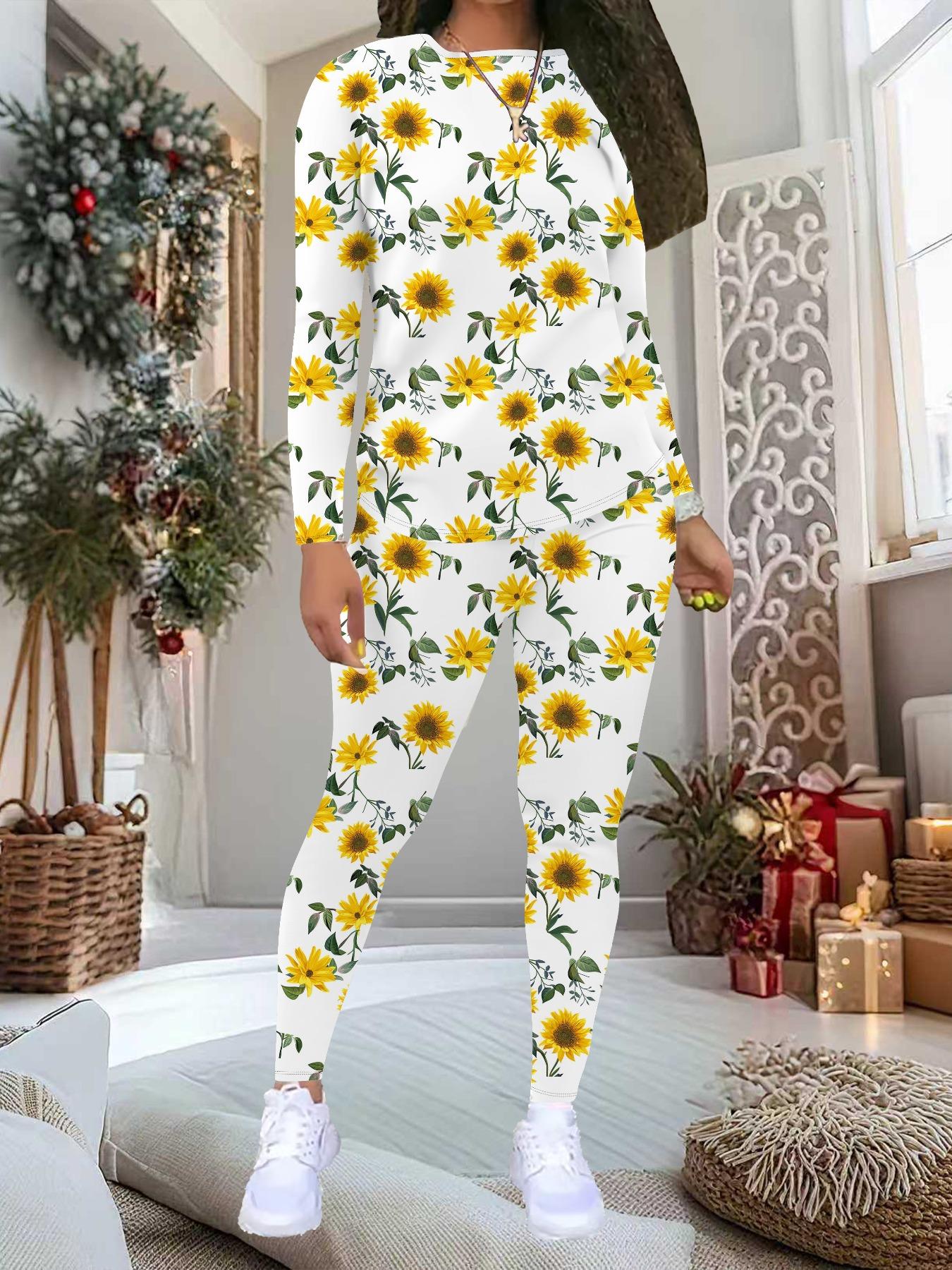 

Women s Flowerr Print 2-Piece Outfit: Long Sleeve Crew Neck Top & Pants, Holiday Limited Casual Party Gift Suit XXL жёлтый