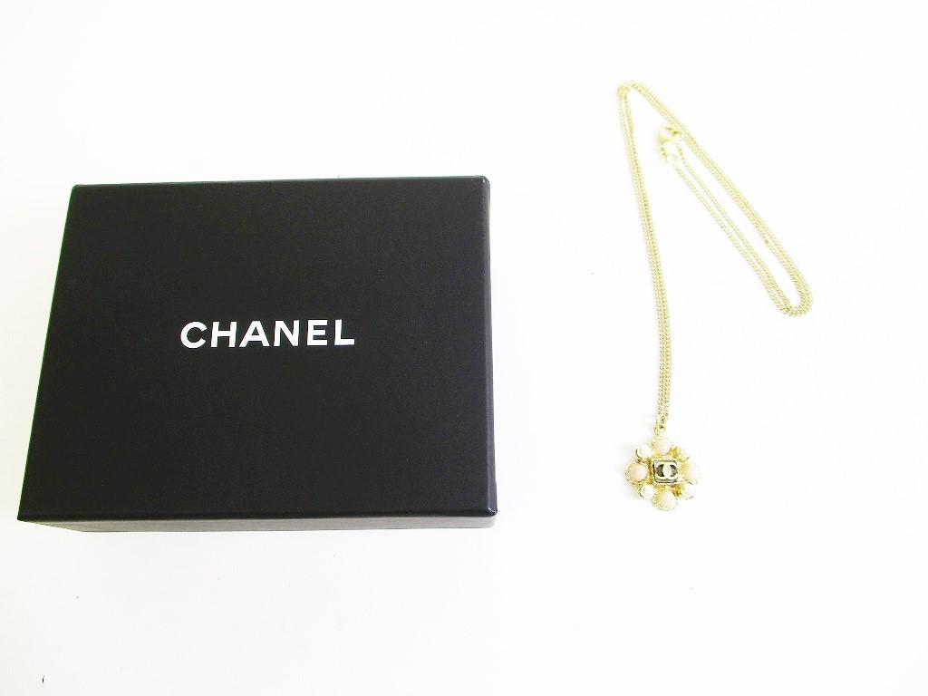 Authentic CHANEL CC Logo White and Light Pink Stone Gold Chain Necklace #7437 Seller refurbished