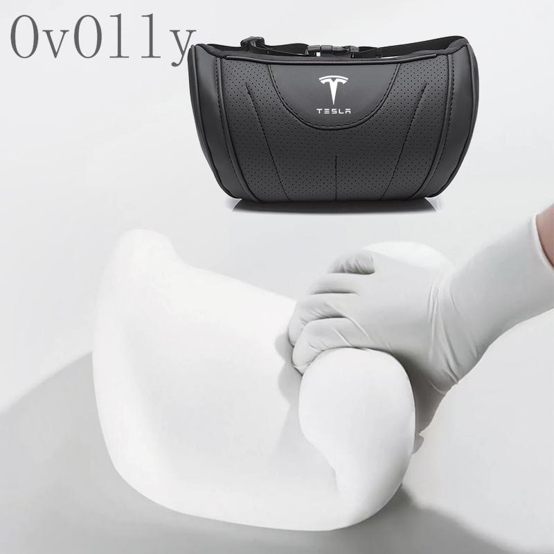 QSGMX1 Car seat Neck Pillow Leather Breathable Soft Headrest Accessories For Tesla X Cybertruck Highland Juguete Model 3 Y Roadster S