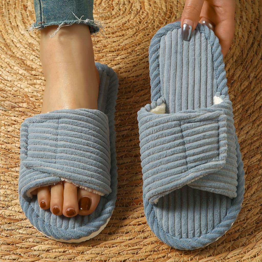 Women's Cozy Striped Corduroy Open Toe House Slippers - Adjustable Velcro Strap, Soft Plush Non-Slip Indoor Slides