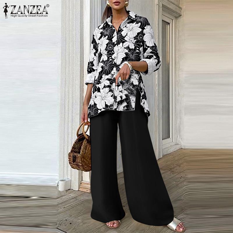 ZANZEA Women Long Sleeve Print Blouse and Pants Casual Two Piece Suit Sets