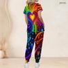 Women Plus Size V Neck Short Sleeve Scrub Set Black Base Red Gold Heart Glitter Print Nurse Uniform Set