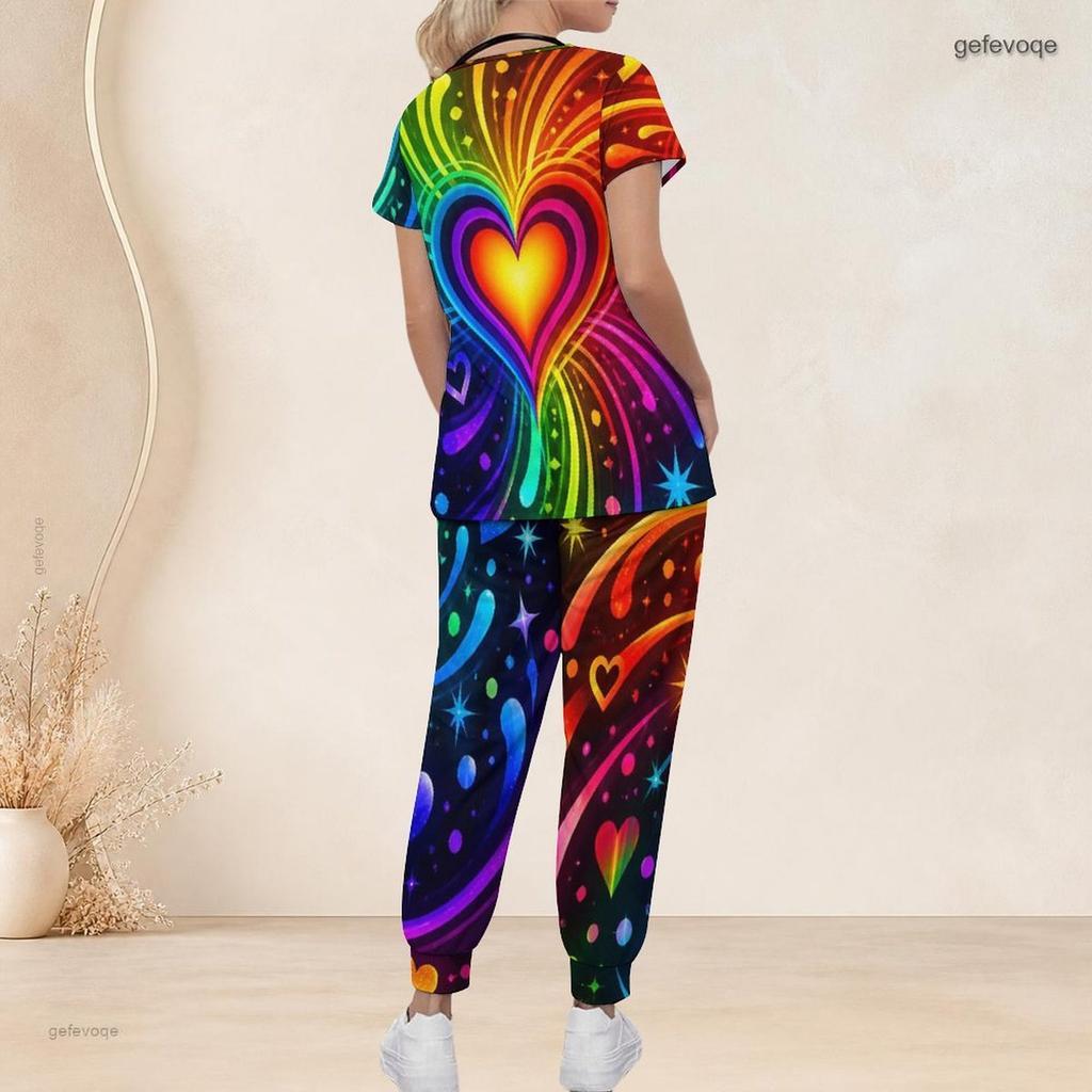 Women Plus Size V Neck Short Sleeve Scrub Set Black Base Red Gold Heart Glitter Print Nurse Uniform Set