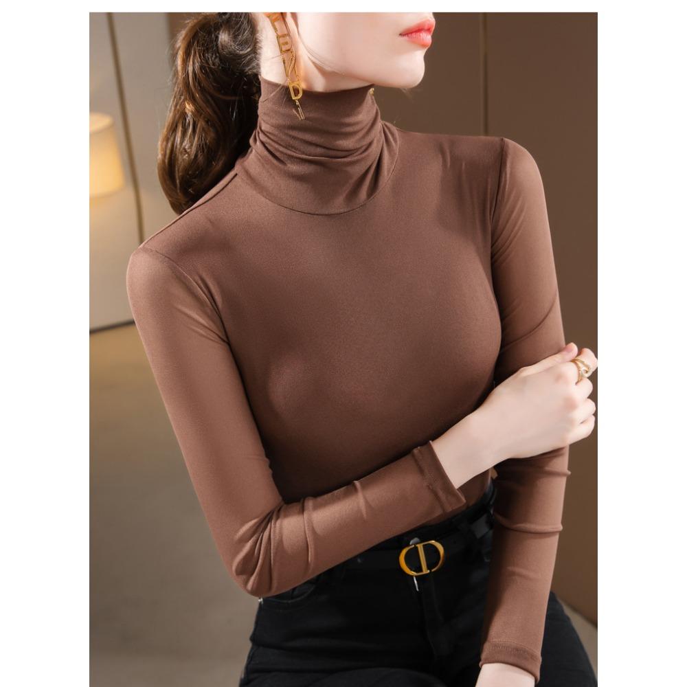 Women High Collar Mesh Base Layer Top Fleece Lined Thick Stretchy Long Sleeve Warm