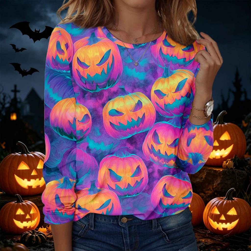 Women's Long Sleeve Casual Halloween Print Pullover Sweatshirt Round Neck Comfortable Fit Seasonal Top for Autumn Winter
