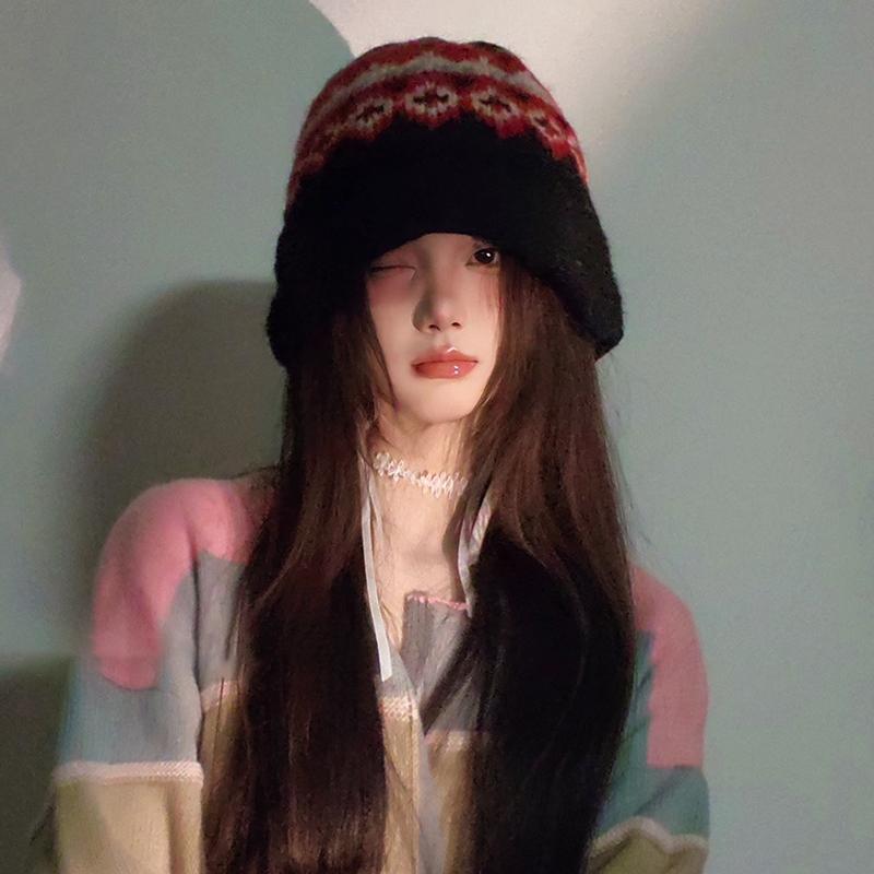 Retro Jacquard Knitted Bucket Hat Autumn Winter Korean Warm Casual Basin Hat For Women