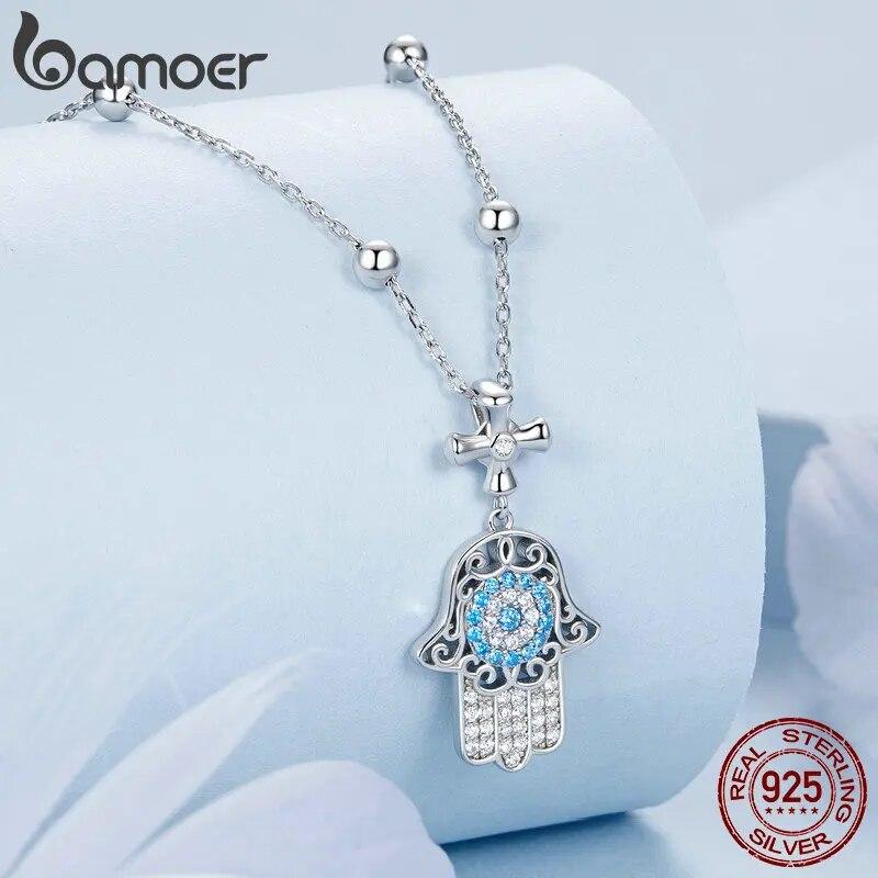 BAMOER 925 Sterling Silber Exquisite Fatimas Hand Halskette Beschützende Hand Halskette Pave Fassung CZ für Frauen Geburtstagsgeschenk