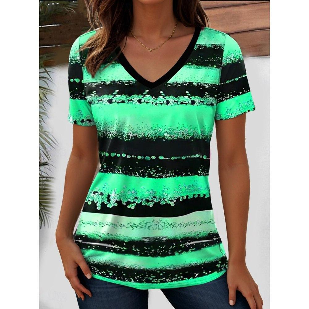 Women's T-Shirts Ocean Striped Graphic Print Fashion Short Sleeved V-Neck Regular Tops Daily Print Tee Summer Spring Casual Tops