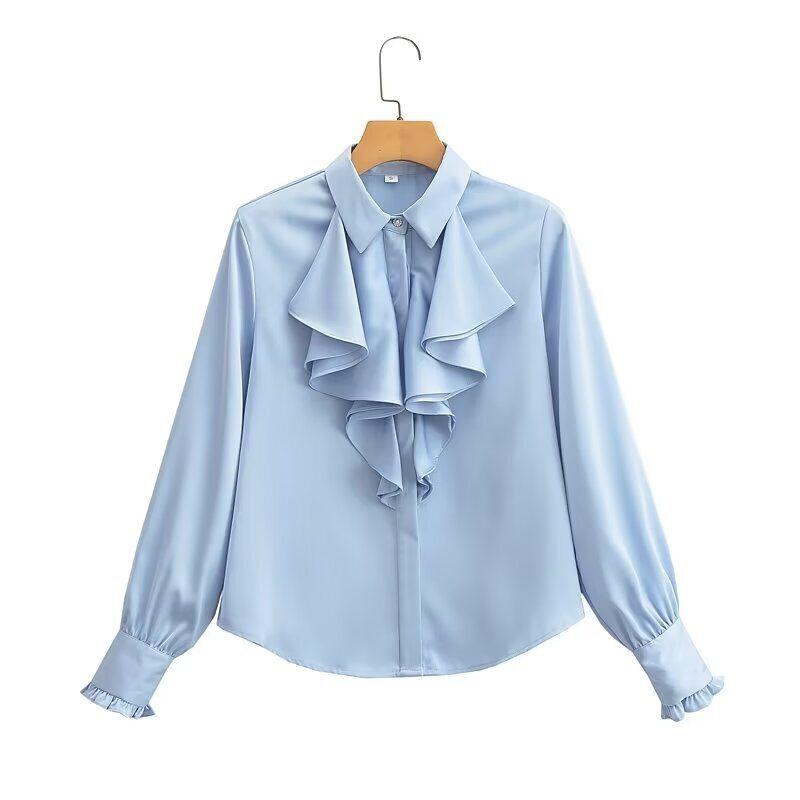 

Fashion Style 2024 Spring New Arrival Women s Single-Breasted Chest Laminated Decoration Silk Satin Textured Shirt 2102796 Blue S