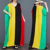 Boho Printed Batwing Dress - Plus Size Vacation Cover Up Dress, Loose Fit Rayon Blend Caftan with Color Block Design