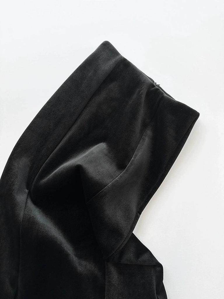 Women's High-Waisted Black Velvet Fishtail Midi Skirt - Fleece-Lined, Thickened, Slimming A-Line for Autumn/Winter