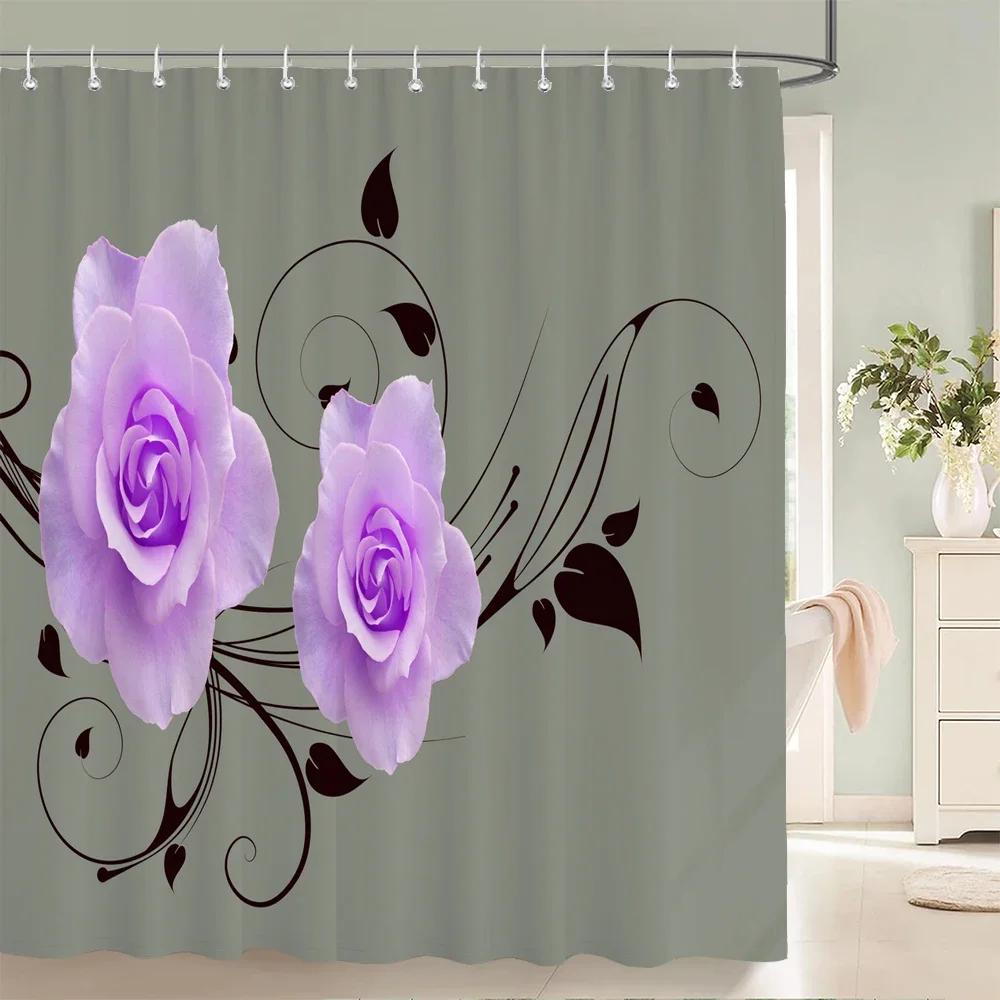 Flower Shower Curtain Bathroom Waterproof Polyester Shower Curtain Floral Printing Curtains for Bathroom Shower with Hooks
