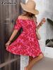 New Printed Casual Off-Shoulder Dress - Short Sleeve Loose Floral Print Sundress