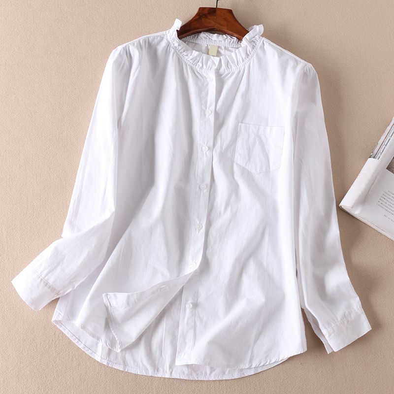 

D613 Gentle Stringy Selvedge Stand Collar Cotton Long-Sleeved Shirt White. S