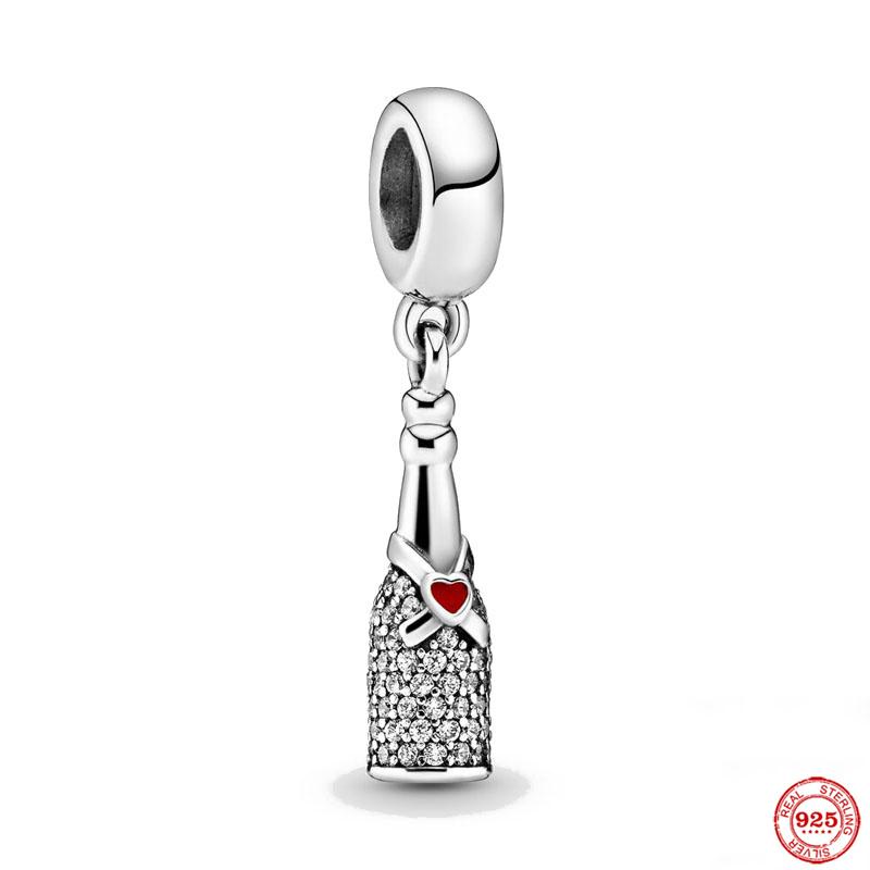 New 925 Silver Fine Coffee Cup Pendant Fit Original Bracelet Diy Jewelry Women Wine Glass Bottle Drink Charm Red Heart Clip Bead