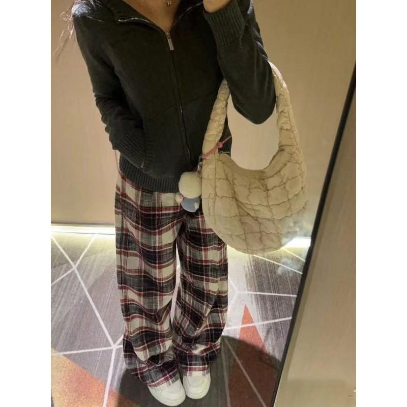 Women's Plaid Wide-Leg Retro Pants - Tall, Floor-Length Casual for Spring & Autumn