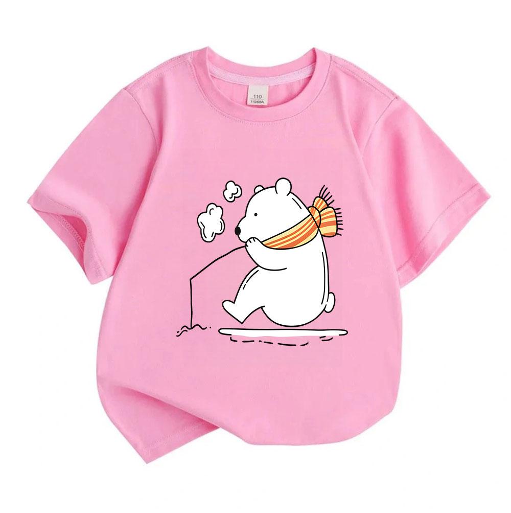 Cute Cartoon Polar Bear Ice Skating Print Kids T Shirt 100% Cotton Unisex Boys Girls Crew Neck Short Sleeve Casual Comfortable Tees for Daily Wear