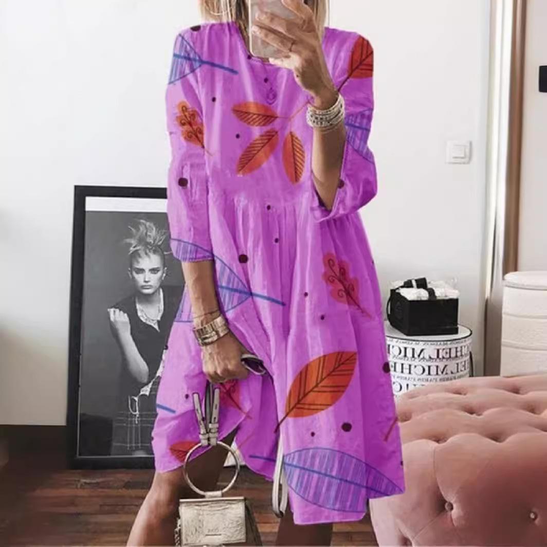 

GMXIA Короткие рукава Женские летние свободные платья миди с принтом и высокой талией, с семью рукавами XXXXXL фиолетовый