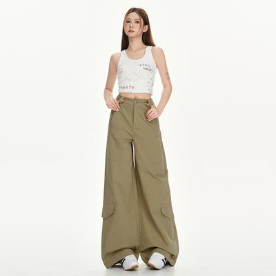 Khaki American Street Loose Wide-leg Pants for Women, Summer Lazy Style Work Pants, High-waisted Casual Curved Knife Sports Pants