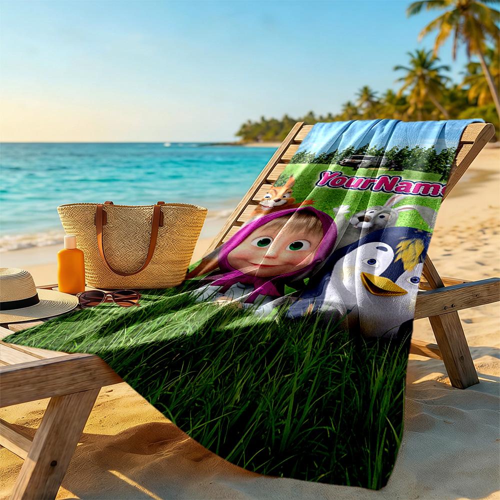 Masha Bear Customize Text Beach Towel Soft Durable Quick-Dry For Beach Bathroom Outdoor Swimming Pool Camping Picnic Yoga Diving Vacation Accessories
