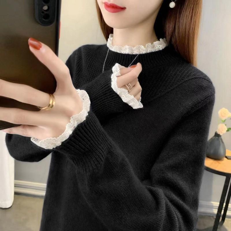 Women's Lace Patchwork Half-High Neck Knit Sweater - New Winter Arrival