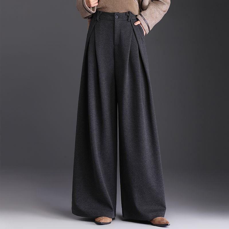 Women's High-Waist Woolen Wide-Leg Winter Pants with Pockets – Slimming, Non-Iron, Casual, Thickened Design for Mothers